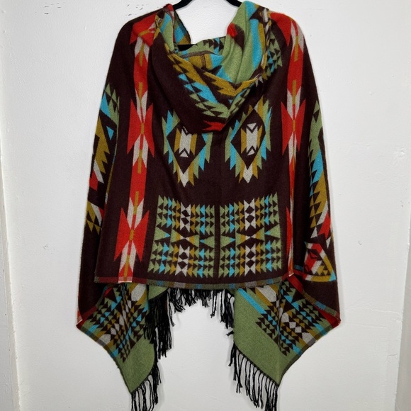 Womens woven Aztec hooded one sized fits most fringe hem poncho costal western - Picture 4 of 9